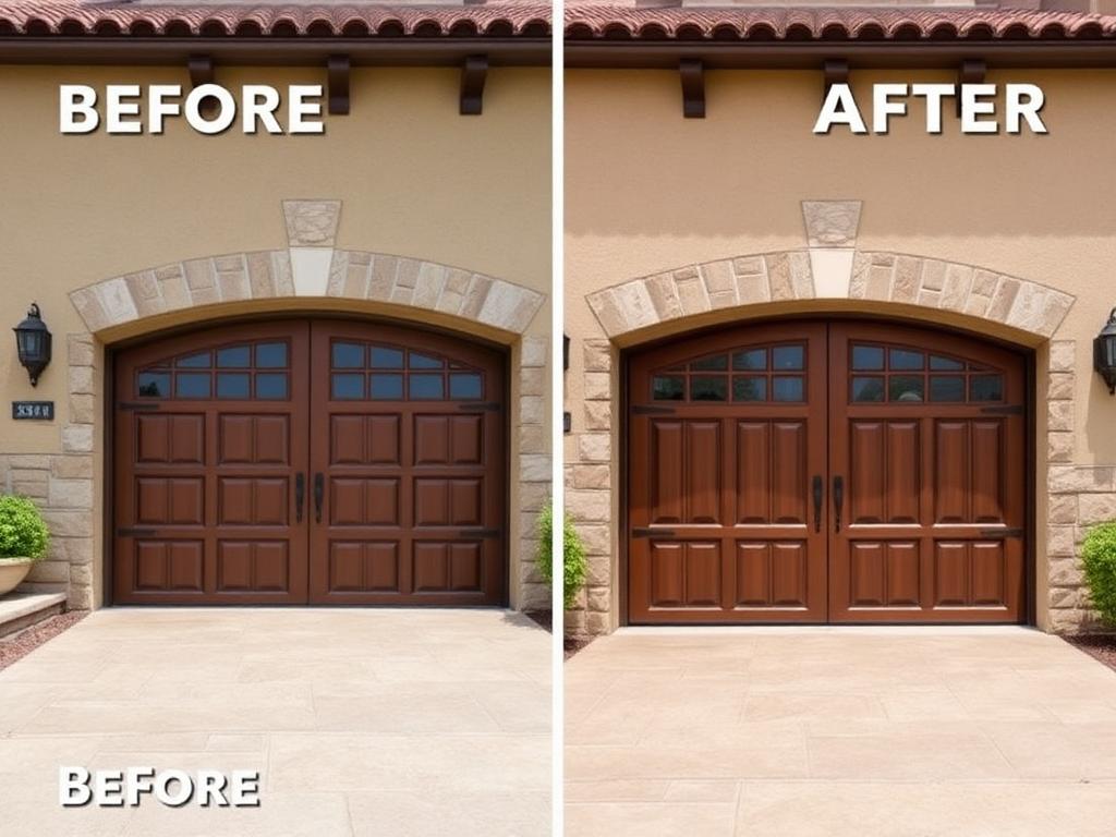 Tuscan inspired garage door with stone surround before and after installation